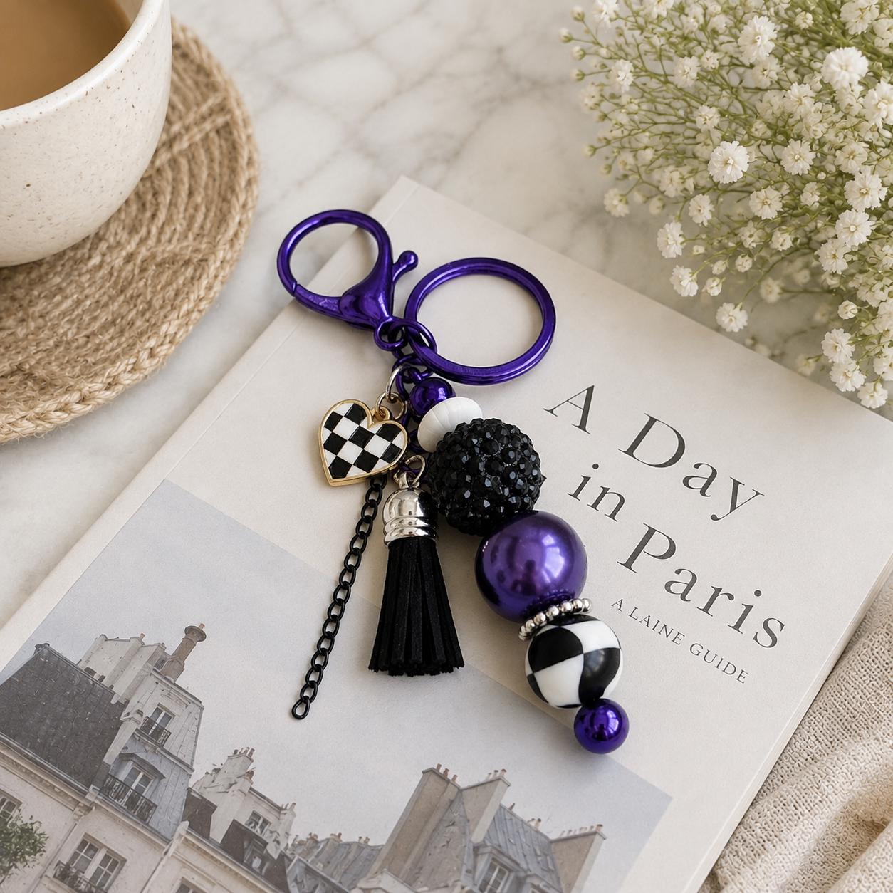 Spellbound Bag Charm, Purple Bag Charm, Beaded Purse Charm, Halloween Bag Accessory, Gothic Keychain Charm