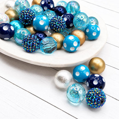 Winter Luxe Acrylic Bead Mix, 24 Count, 20mm Acrylic Beads, Blue & Gold