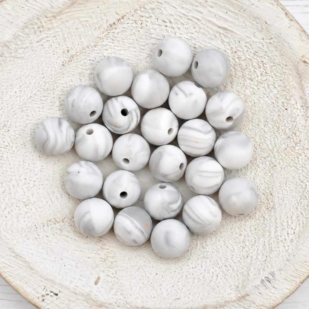 White Marble 12mm Silicone Beads, 20 Count
