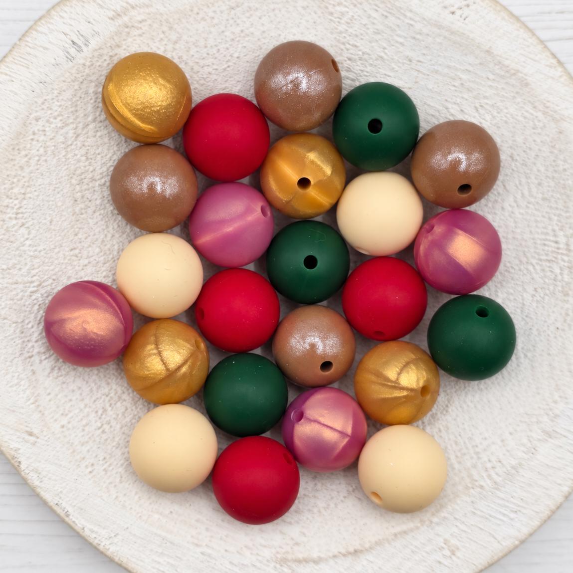 Merry & Bright 15mm Silicone Beads, (10 or 24 count), Christmas Collection