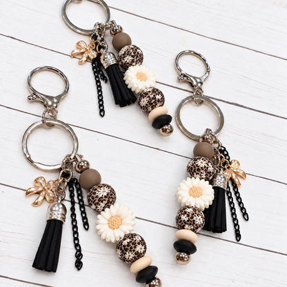 Wildflower Leopard Bag Charm Keychain, Beaded Purse Charm, Flower Keychain, Handbag Accessory