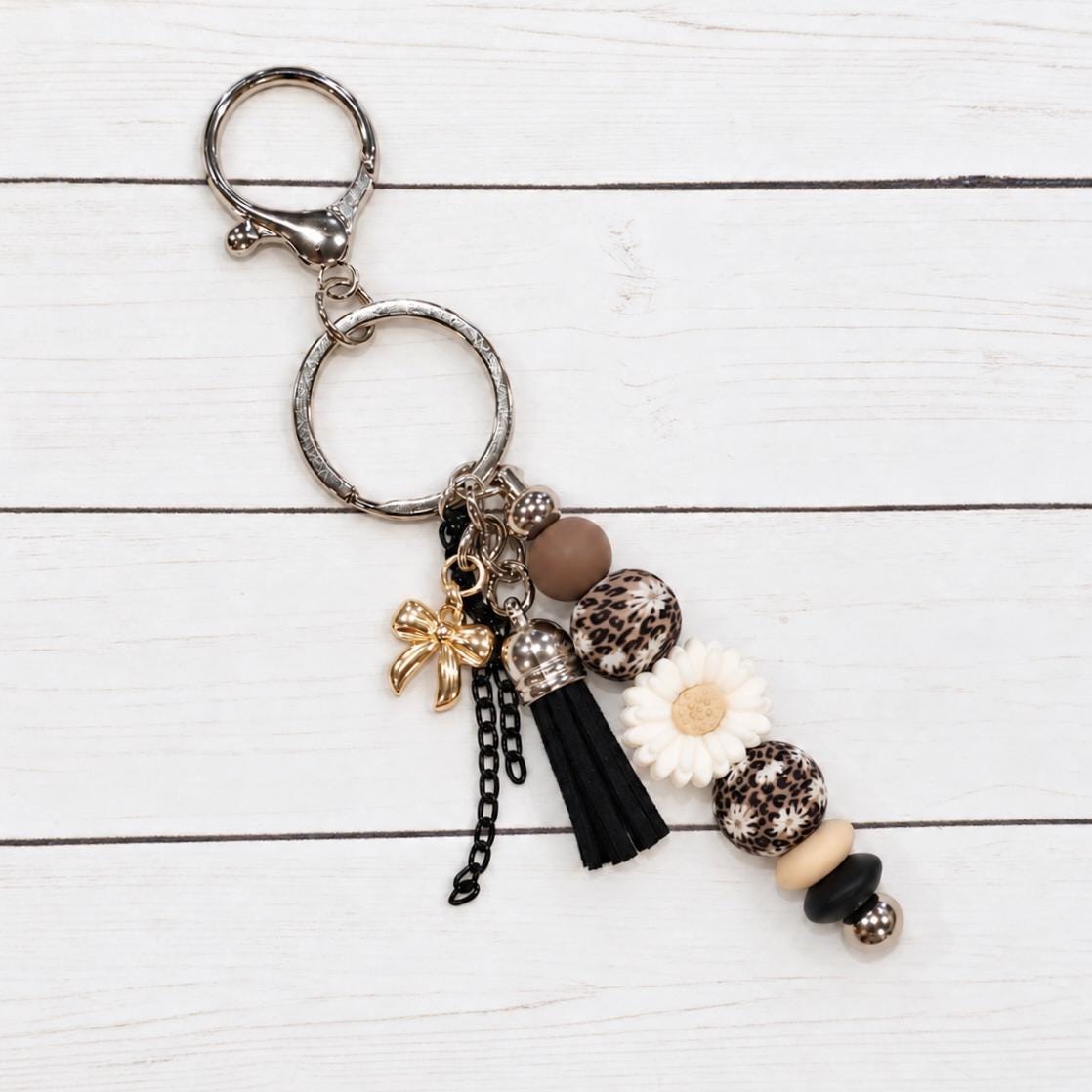 Wildflower Leopard Bag Charm Keychain, Beaded Purse Charm, Flower Keychain, Handbag Accessory
