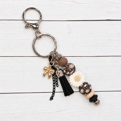 Wildflower Leopard Bag Charm Keychain, Beaded Purse Charm, Flower Keychain, Handbag Accessory