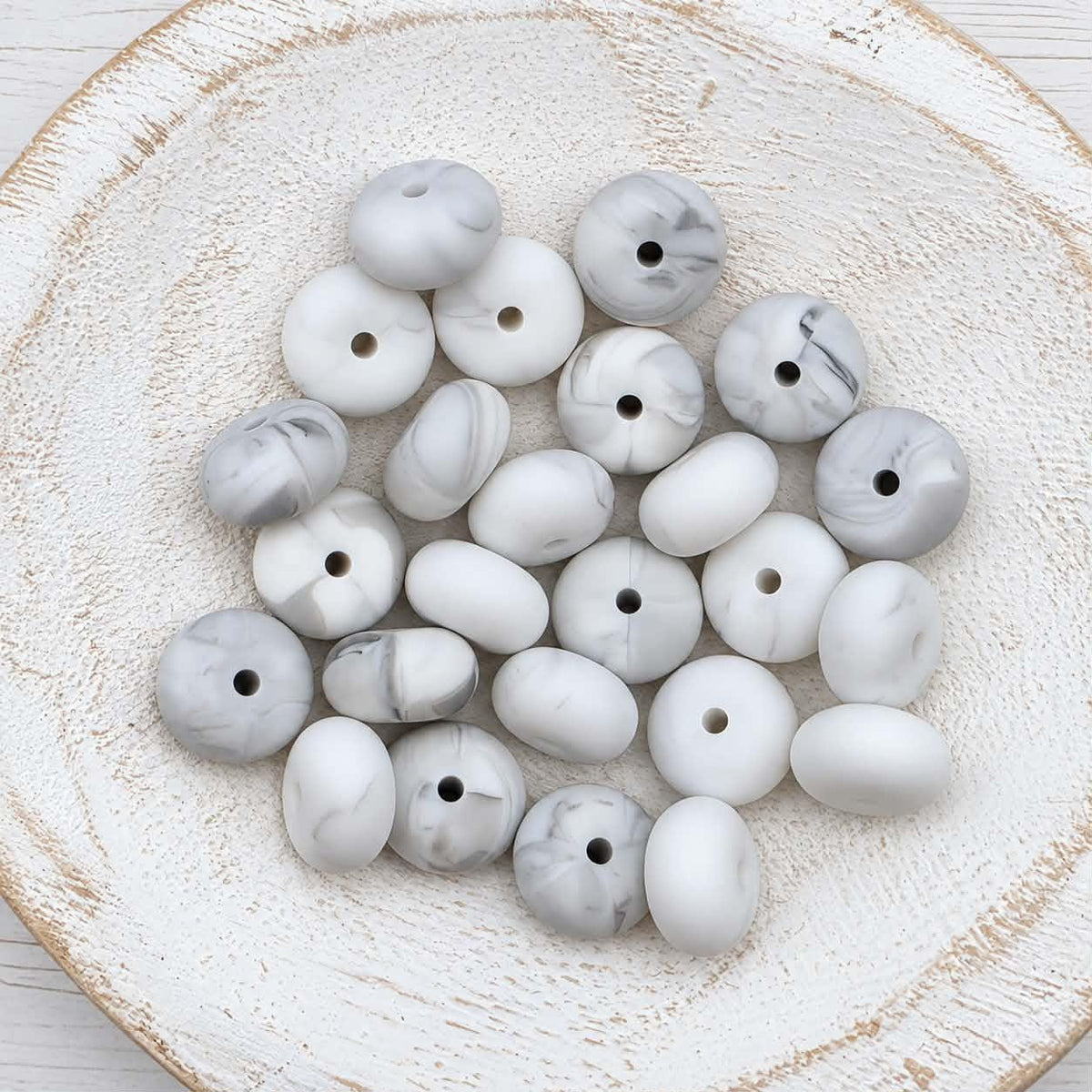 14mm White Marble Abacus Silicone Beads, 10 or 20 Count