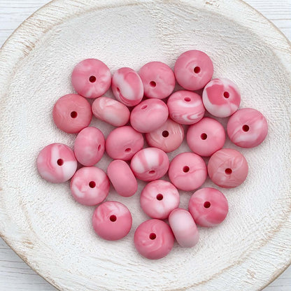 14mm Pink Marble Abacus Silicone Beads, 10 or 20 Count