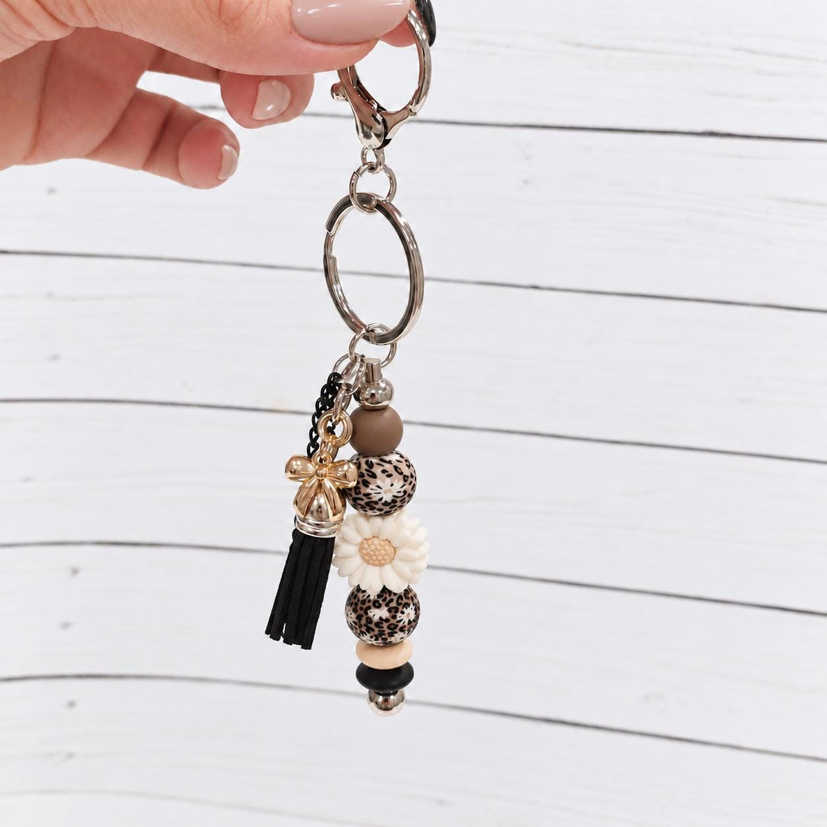 Wildflower Leopard Bag Charm Keychain, Beaded Purse Charm, Flower Keychain, Handbag Accessory