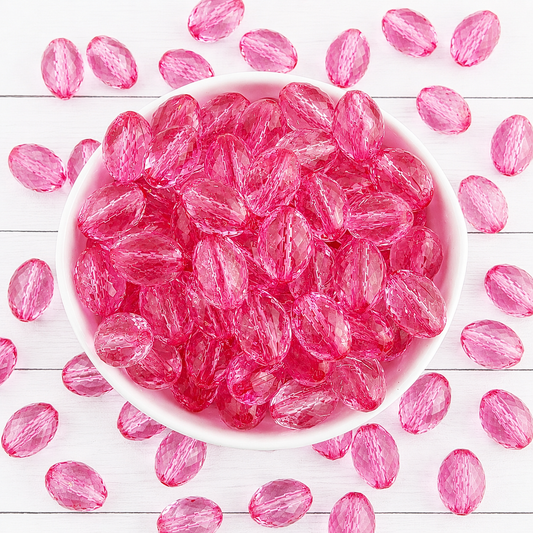16mm x 11mm Pink Faceted Oval Transparent Acrylic Beads