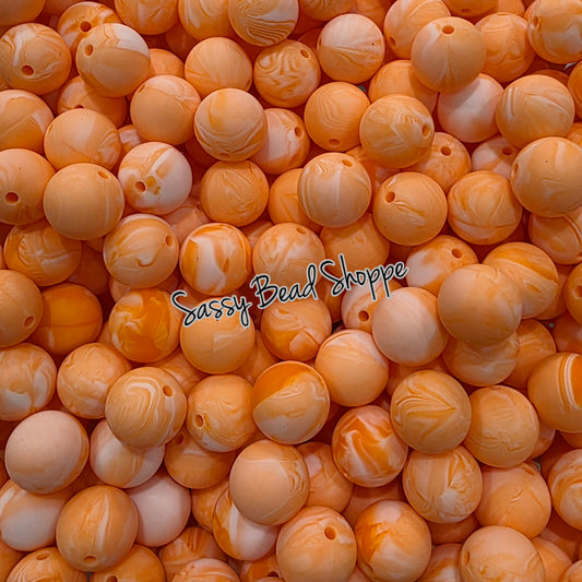 15mm Orange Marble Silicone Beads