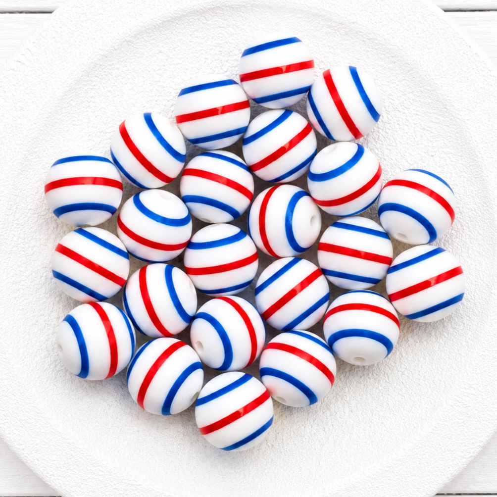 15mm Red & Blue Stripe Beads