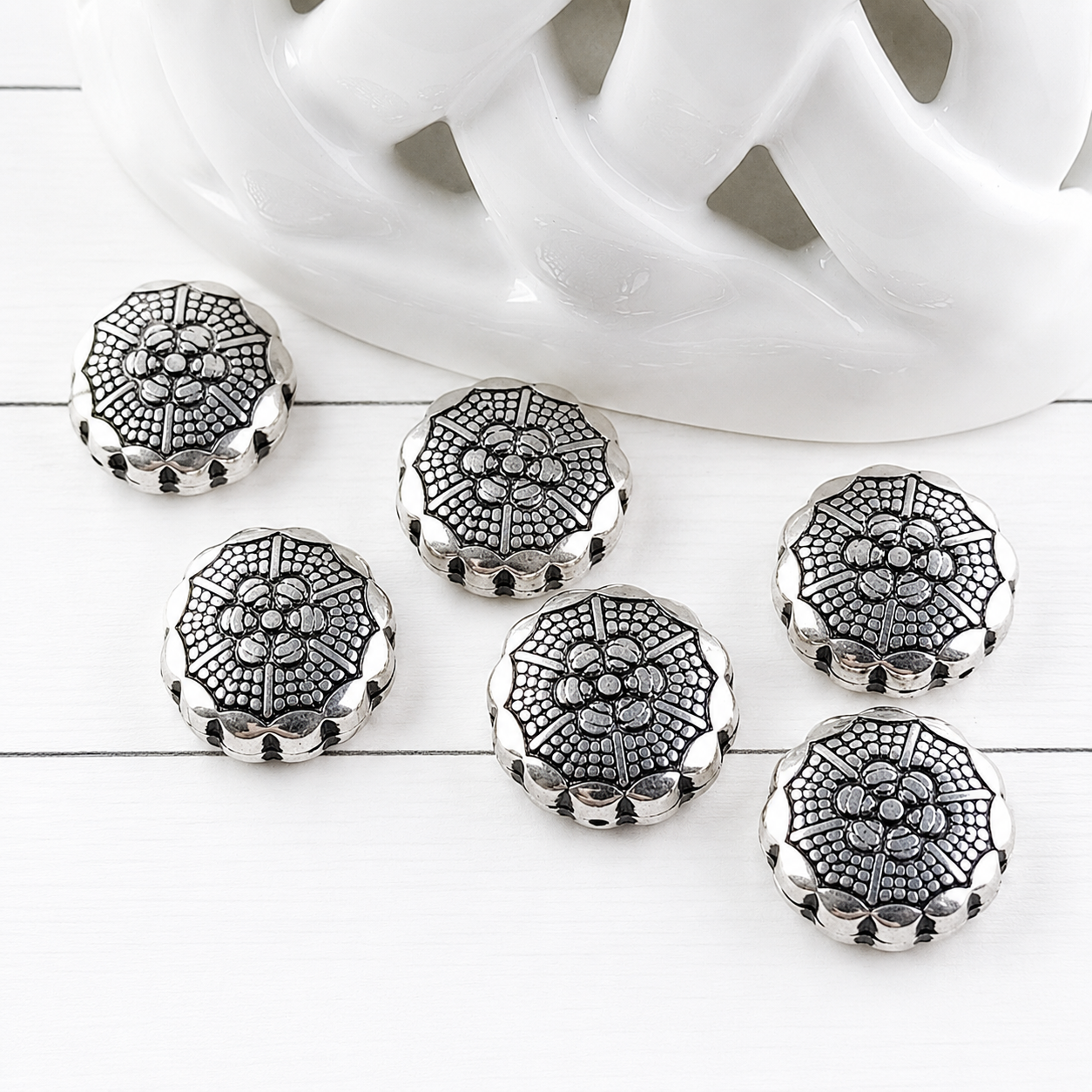 Double-Sided Flower 15mm Silver Metalized Acrylic Beads