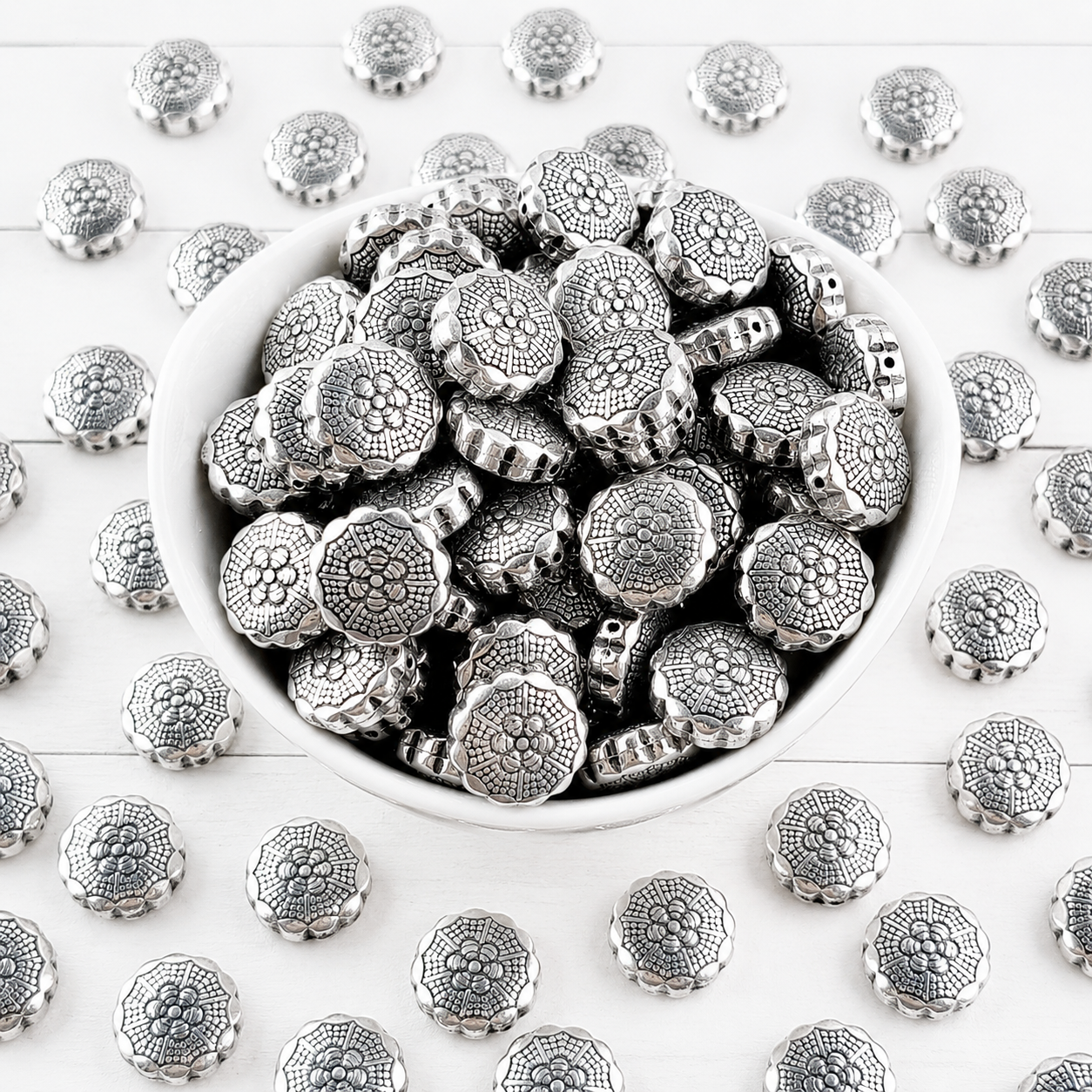 Double-Sided Flower 15mm Silver Metalized Acrylic Beads