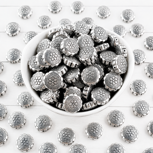Double-Sided Flower 15mm Silver Metalized Acrylic Beads