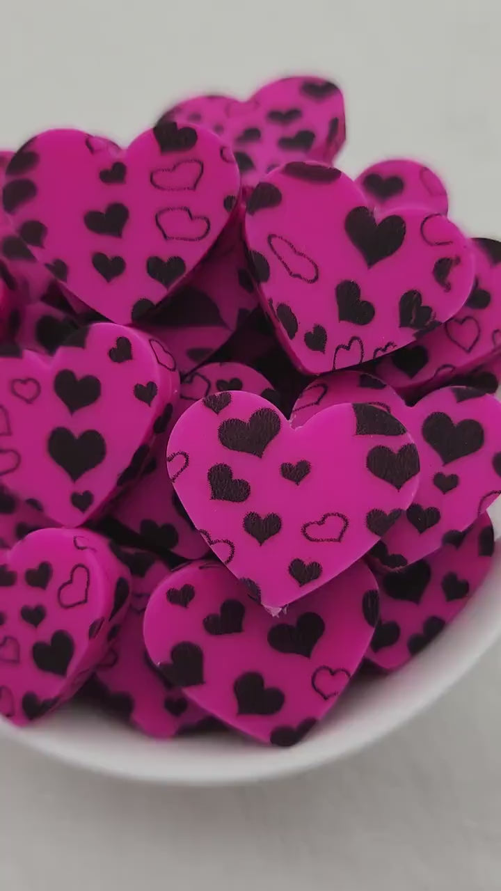 20mm Hot Pink & Black Heart Beads