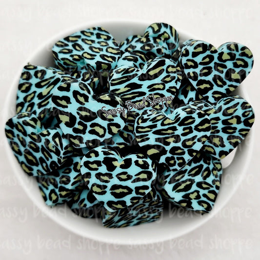 20mm Blue Leopard Heart Beads