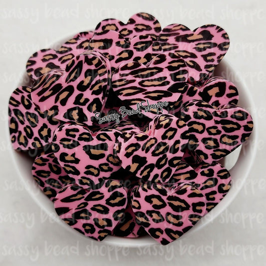 20mm Pink Leopard Heart Beads
