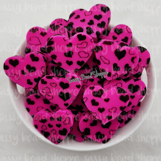 20mm Hot Pink & Black Heart Beads