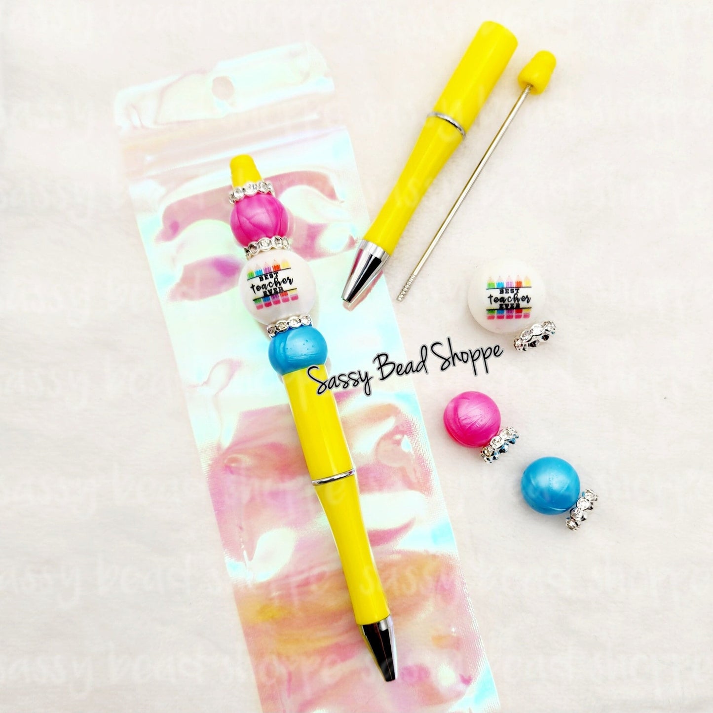 Best Teacher Ever Beadable Pen Kit, DIY Bubblegum Bead PLASTIC Pen Kit, Beadable Pens, Bubblegum Beads, Beaded Pens, Pen Beads, Focal Beads