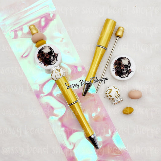 Beautiful Skull Beadable Pen Kit, Skulls DIY Bubblegum Bead PLASTIC Pen Kit, Beadable Pens, Bubblegum Beads, Beaded Pens, Focal Beads