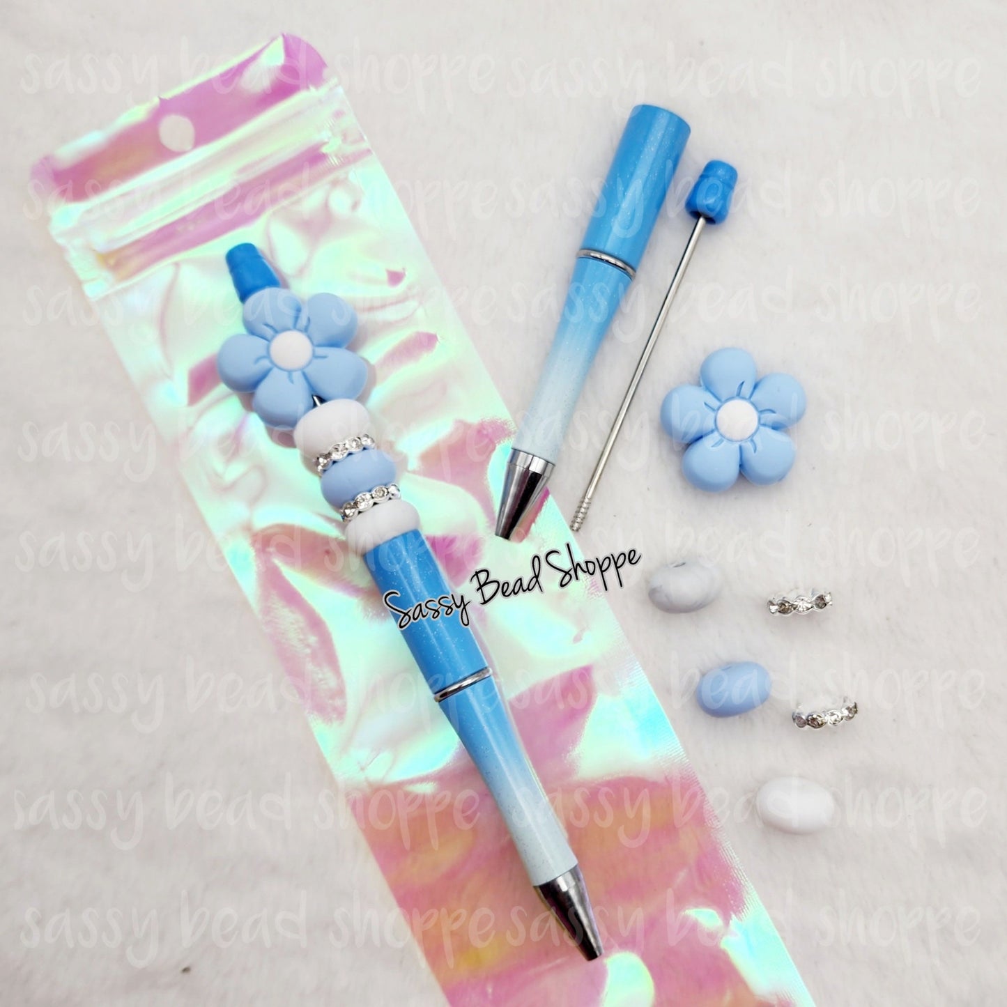 Denim Skies Beadable Pen Kit, Flower DIY Bubblegum Bead PLASTIC Pen Kit, Beadable Pens, Bubblegum Beads, Beaded Pens, Pen Beads Focal Beads