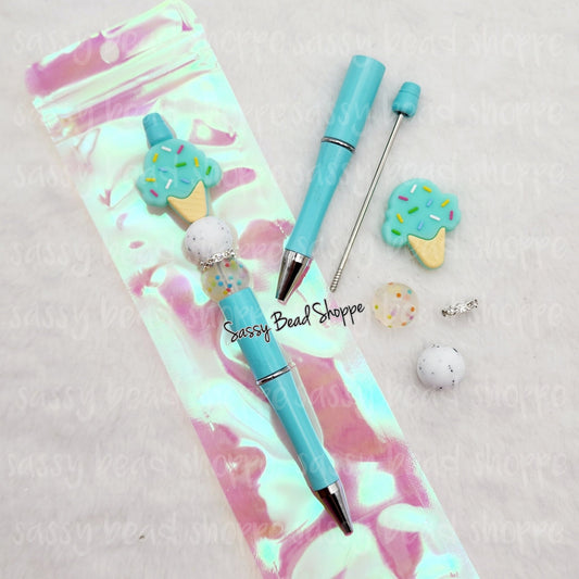 Sweet Summertime Beadable Pen Kit, Ice Cream Cone DIY Bubblegum Bead PLASTIC Pen Kit, Beadable Pens, Bubblegum Beads, Beaded Pens Pen Beads