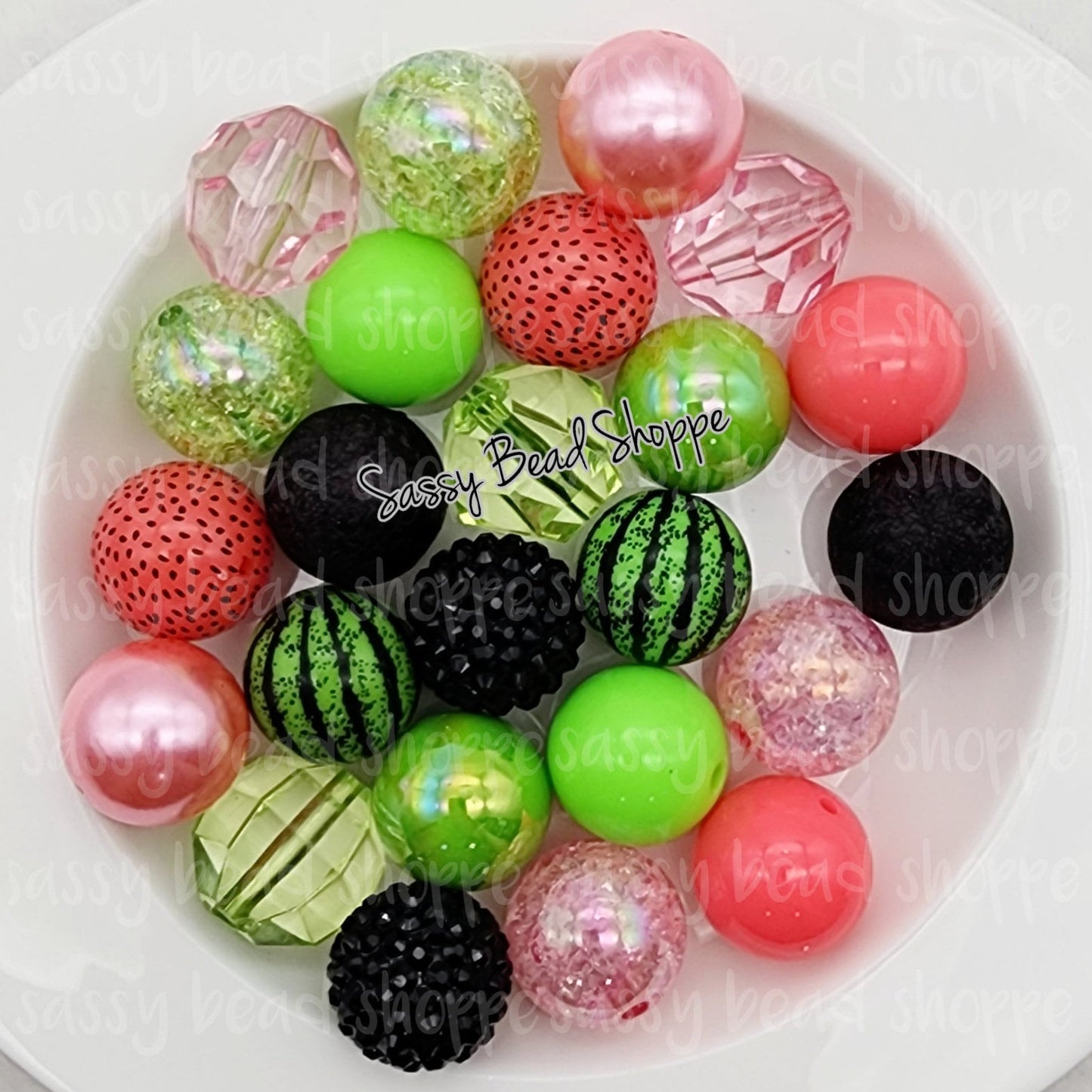 Watermelon Delight (2 Watermelon Beads) 20mm Bubblegum Beads Set of 24, M&M Bubbles, Bubble Gum Beads, Chunky Beads, Bubblegum Bead Mix Bulk