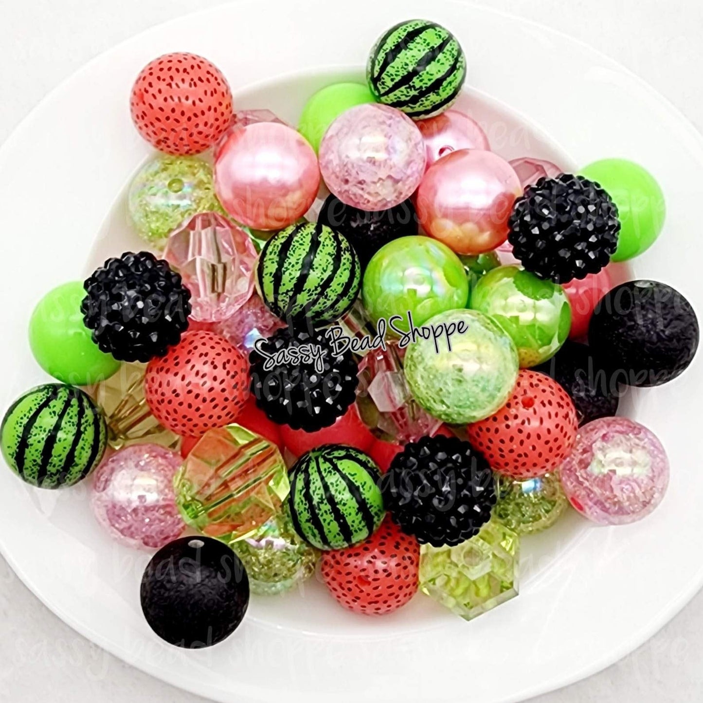 Watermelon Delight (2 Watermelon Beads) 20mm Bubblegum Beads Set of 24, M&M Bubbles, Bubble Gum Beads, Chunky Beads, Bubblegum Bead Mix Bulk