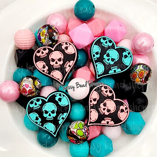 Skull Girl Silicone Bead Mix, Set of 26, Bulk Mix of Silicone Beads, Beads for Pens, Silicone Beads, Wristlet, Keychain, Lanyard Focal Bead