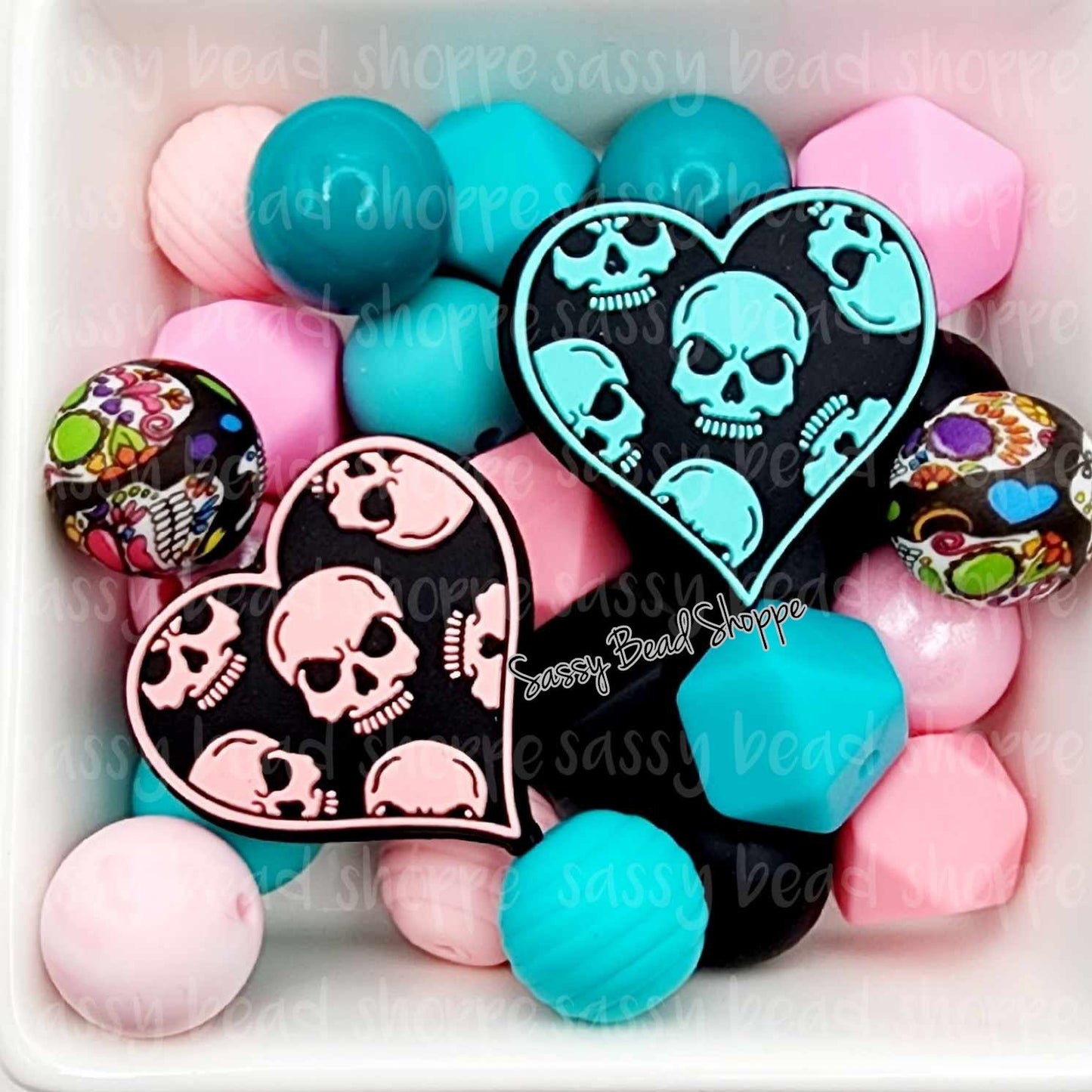 Skull Girl Silicone Bead Mix, Set of 26, Bulk Mix of Silicone Beads, Beads for Pens, Silicone Beads, Wristlet, Keychain, Lanyard Focal Bead