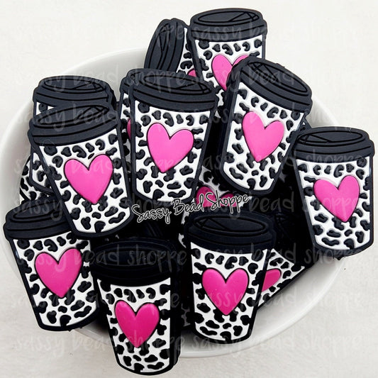 Black with Pink Heart Coffee Cup Beads