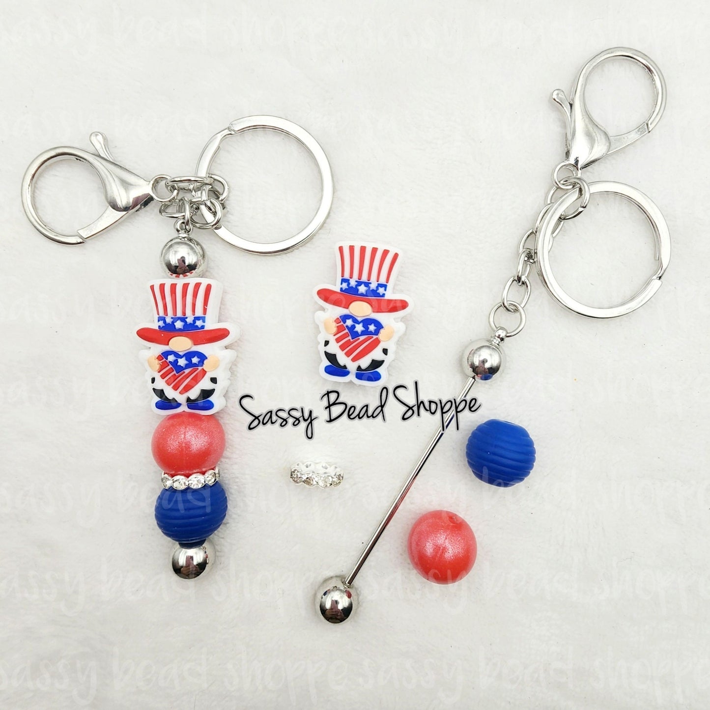 American Spirit Keychain Kit, 4th of July Beadable Key Chain, Beaded Keychain, Focal Beads, Bubblegum Beads, Silicone Beads