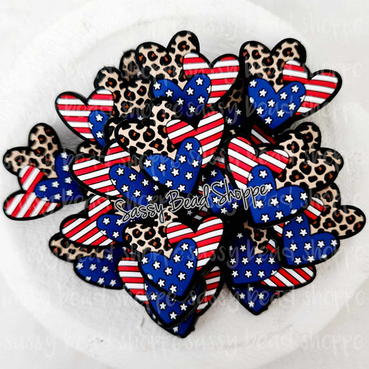 USA Hearts Focal Beads, Silicone Beads, Heart Shaped Silicone Beads, Focal Beads, Beaded Pens, Focal Beads for Pens, 4th of July