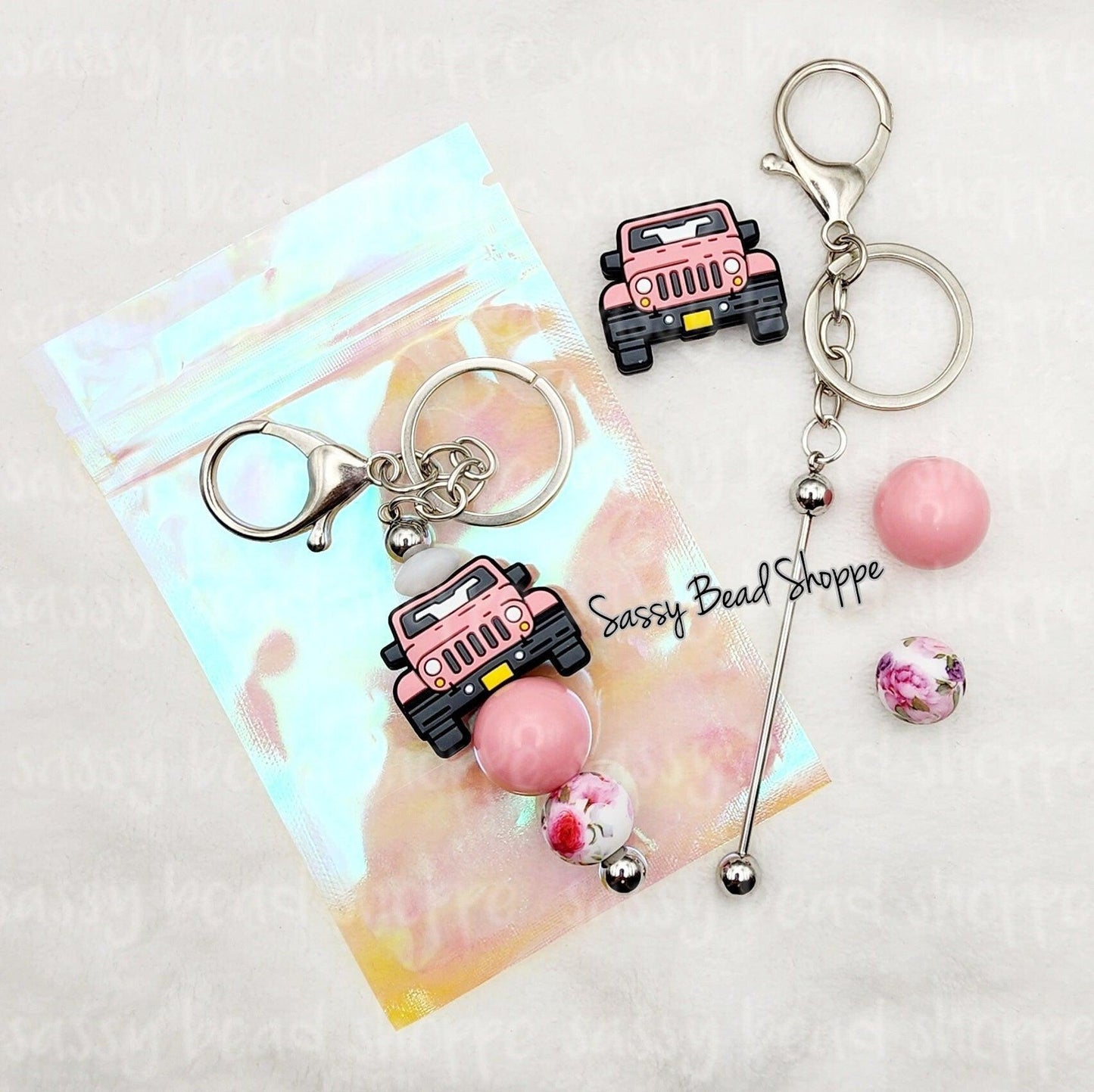 Jeep Girl Keychain Kit, Beadable Key Chain, Pink Jeep Beaded Keychain, Off Road Riding, Focal Beads, Bubblegum Beads, Silicone Beads